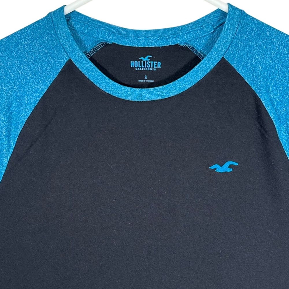 Hollister Mens Raglan T-Shirt Black‎ Blue Heathered Short Sleeve Small Logo Tee